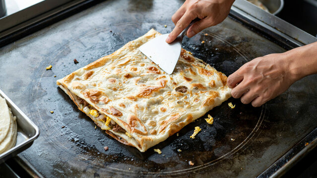 Koch bereitet knuspriges Roti Canai Fladenbrot auf Grillplatte zu