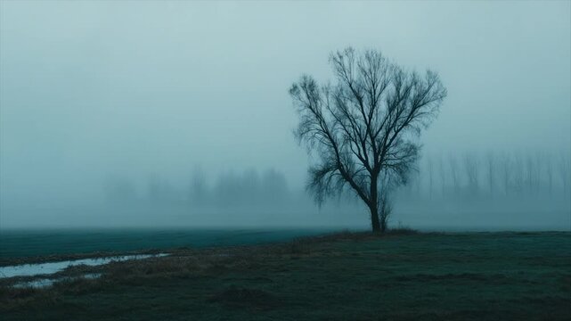 A lone, bare tree stands in a foggy field, with a forest in the distance and a cloudy sky