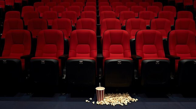Empty Cinema Seats with Popcorn and Movie Theater Atmosphere.
