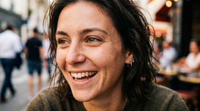 Vibrant natural candid moment Woman's genuine joy shines brightly at a bustling coffee shop
