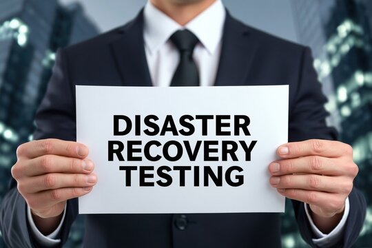 IT professional holding disaster recovery testing cyber security strategy sign