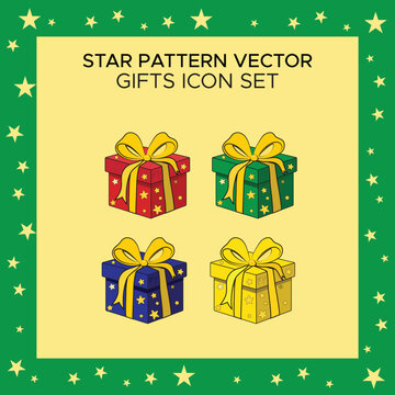 Star Pattern Gift Icon Set of 04 Color Variations (Red, Yellow, Blue, Green) Vector Illustration, Festive Decorative Present Icons Collection, Flat Design Isolated Elements for Celebration and Holiday