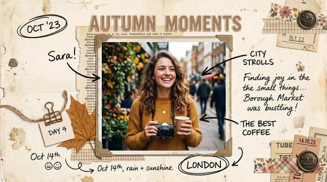 Joyful autumn moments captured in a creative mixed media artwork combining travel memories and vibrant urban life experience