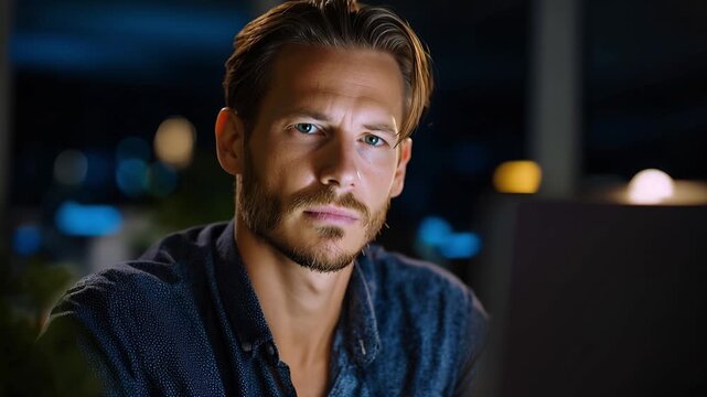Focused Man Engaged with Laptop in Dimly Lit Room, Deep in Thought and Concentration, Showcasing Modern Technology Interaction and Intense Expression
