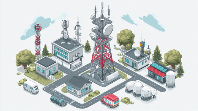 Isometric Illustration of Communication Tower and City Infrastructure.