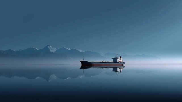 A Serene Cargo Ship Glides Through Tranquil Waters Beneath Majestic Snow-Capped Mountains at Dawn, Creating a Peaceful Reflection in the Crystal Lake