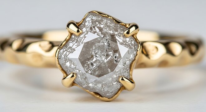 Luxury gold ring featuring a raw uncut diamond setting close up, gemstone