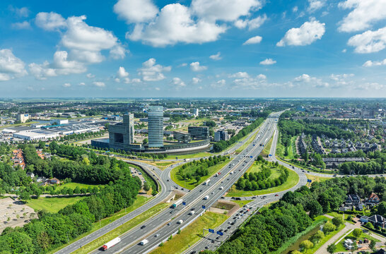 aerial view of the A28 highway at Zwolle. The highway runs from Utrecht to Groningen
