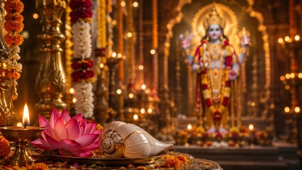 Fototapeta premium Sacred Parama Ekadashi puja setup featuring a lit brass diya, beautiful pink lotus, and conch shell in focus. A beautifully blurred golden statue of Lord Vishnu stands gracefully in the background.