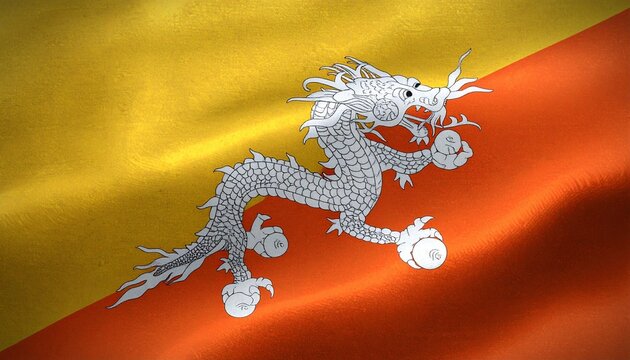 Bhutan national flag waving with vibrant yellow and orange colors, featuring a detailed white dragon symbol, realistic fabric texture, and dramatic lighting background.