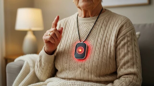 Senior woman at home pressing a personal alarm button on her necklace to call for help, a crucial safety device for medical emergencies providing quick assistance and peace of mind for the elderly