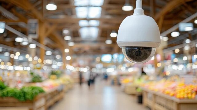 Camera monitors busy market with many people shopping for fruits and vegetables during the day in a large indoor area