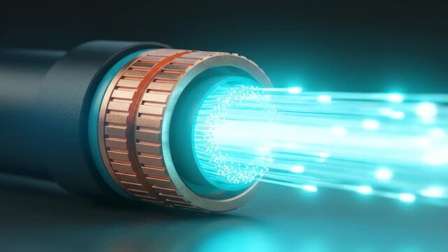 Luminous cyan light streams from a fiber optic cable, symbolizing the rapid transfer of digital information and data through high speed internet networks and modern communication technology