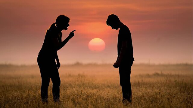 Silhouette of an angry mother yelling and pointing her finger at her teenage son, who looks down in shame while standing in a field during a dramatic and beautiful sunset