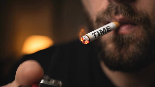 Bearded man lighting a cigarette with the word time written on it, using a lighter covered in social media texts. Conceptual video about addiction, procrastination and wasting time online
