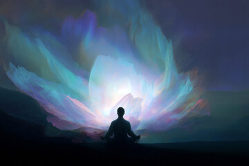 Fototapeta premium Silhouetted man seated in meditation with luminous lotus breath formation for spiritual background and meditation banner