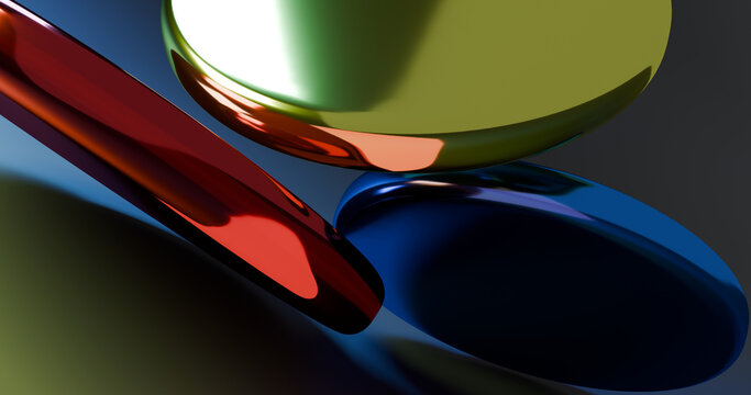 3d render three color shiny coins on dark background 