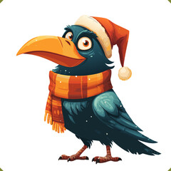 Fototapeta premium Vector illustration of a cute crow wearing a warm hat and scarf, isolated on a white background