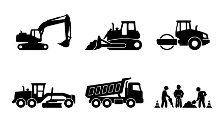 Construction Vehicle Icons Set: Excavator, Bulldozer, Roller, Grader, Dump Truck, Workers © Sumon