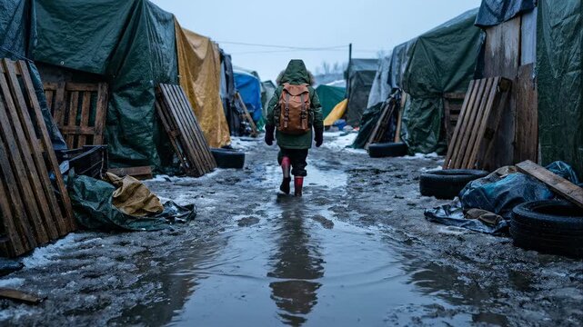 Young refugee with a backpack walking through a muddy, snowy street in a desolate migrant camp during winter, symbolizing the harsh living conditions and displacement of asylum seekers
