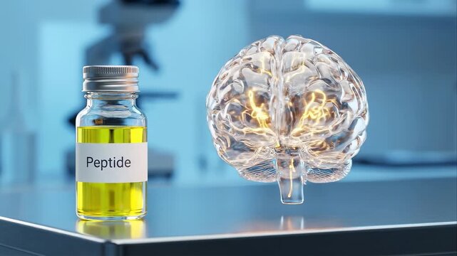 Neuroscience concept showing a peptide vial in a laboratory next to a rotating human brain model with glowing neural pathways, representing improved cognition, memory, and synaptic plasticity