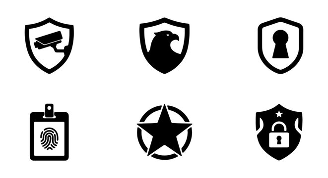 Security Icons Set: Shield, Camera, Eagle, Keyhole, Fingerprint, Lock, Star