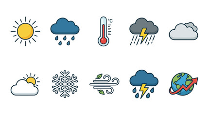 Obraz premium Weather forecast icons set, meteorology symbols for climate and temperature, 10 flat line vector elements for mobile app and web interface design