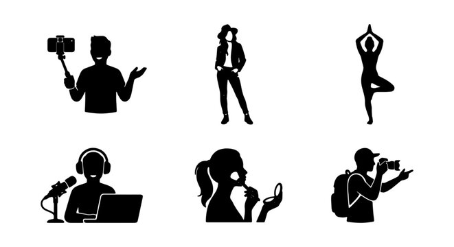 Diverse People Silhouettes: Vlogger, Dancer, Yogi, Podcaster, Makeup Artist, Photographer