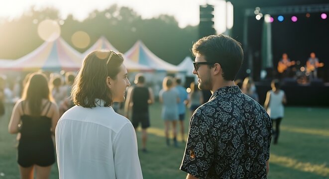 Couple talking at outdoor music festival in daytime