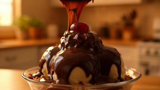 Chocolate syrup drizzling vanilla ice cream scoops in warm kitchen setting