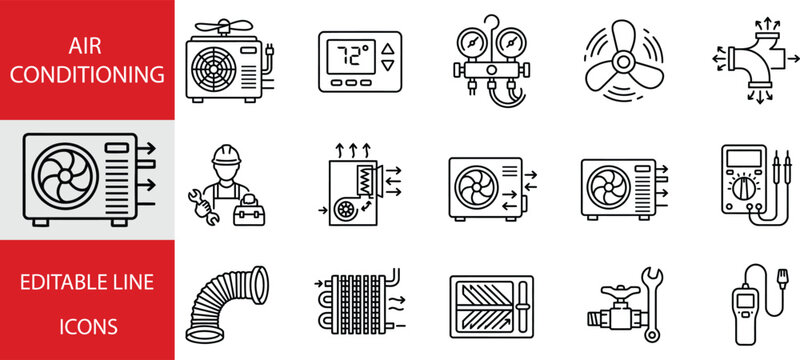 Set of air conditioning line icons hvac system, climate control, repair service, cooling and heating equipment symbols