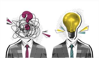 Plakat Trendy Halftone Collage two business , with a chaotic brain with question and a calm, brain with light bulb, dig idea