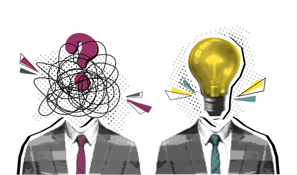 Trendy Halftone Collage two business , with a chaotic brain with question and a calm, brain with light bulb, dig idea