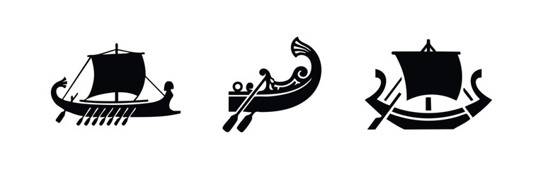 Three black silhouette icons of ancient Viking and row boats © Lili