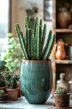 Euphorbia lactea White Ghost in matte black pot with vibrant variegation