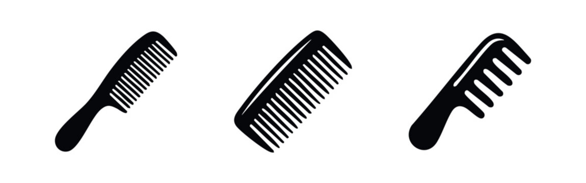 Three black silhouette icons of hair combs