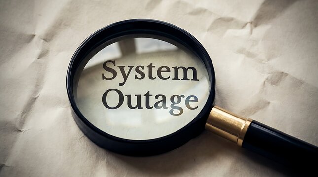 Magnifying glass over paper with text system outage highlighting problem or error in technology, network failure, service interruption or business disruption.