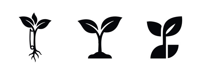 Fototapeta premium Plant with roots and growing sprout icons set, illustrating stages of plant life.