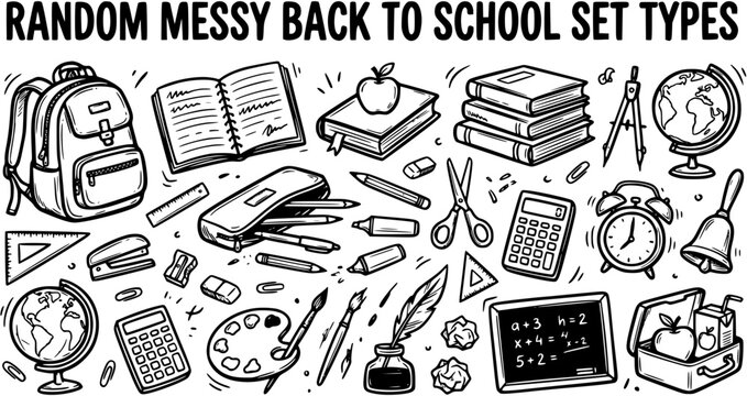 Black and White Line Art of Random Messy Back to School Set Items
