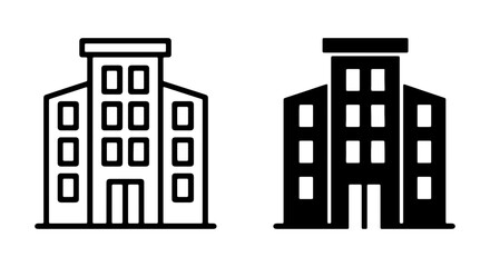Naklejka premium Modern Building Icon Set, Minimalist Office Architecture, Black Line Art & Solid Fill Vector