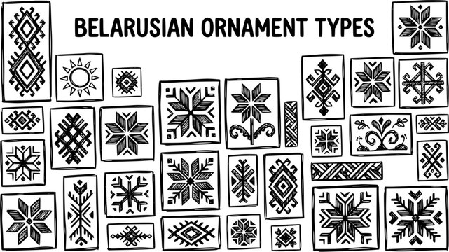 Belarusian Folk Culture Ornaments and Traditional Patterns - Black  White Hand-drawn Line Art Vector Set