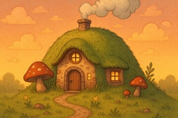 Obraz premium Whimsical mushroom house illustration.