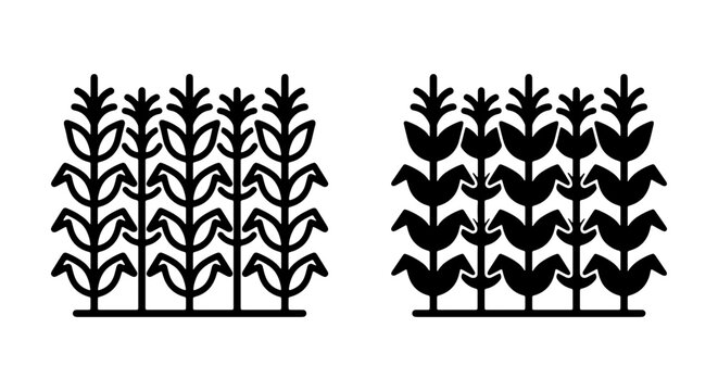Minimalist cornfield vector icon set, agricultural plant row, farm harvest symbol, black and white graphic resource