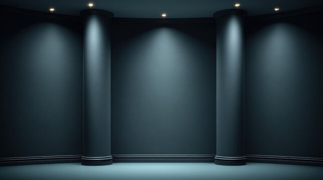 Curved interior space features architectural columns illuminated by ceiling spotlights