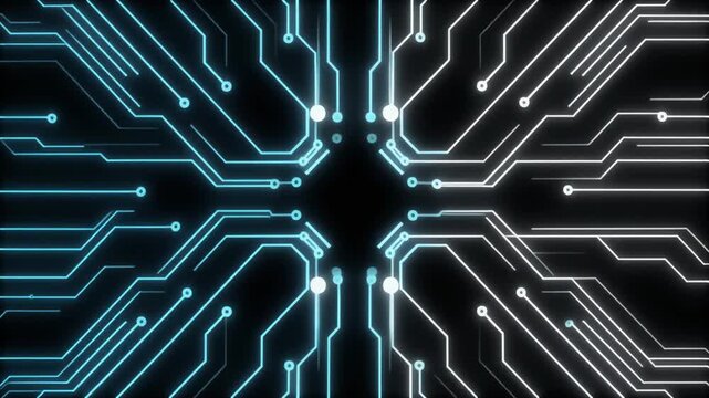 Expanding Glowing Circuit Board Pattern Animation with Blue and White Lines on Black Background, Digital Technology Concept Full HD Motion Graphic Loop