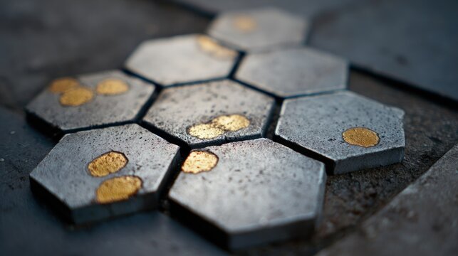 Rough hexagonal metal tiles featuring embedded fragments of bright yellow material are arranged together