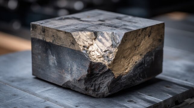 Solid metallic block displays distinct layered composition and rough fracture surface