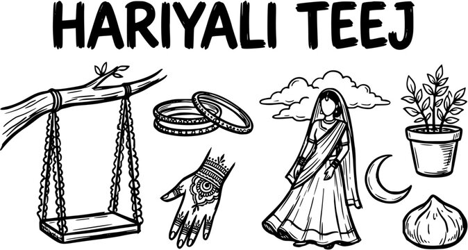 Hariyali Teej Indian Hindu Festival Black and White Line Art Doodle. Hand-drawn traditional elements: swing, bangles, mehndi, woman, moon, plant for cultural celebration.