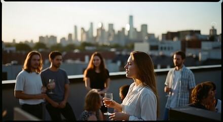 Fototapeta premium Group of friends enjoying city skyline sunset on rooftop terrace with urban view