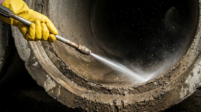 Close up of gloved hand pressure washing inside large concrete sewer pipe covered in mud and grime, cleaning infrastructure with water jet.